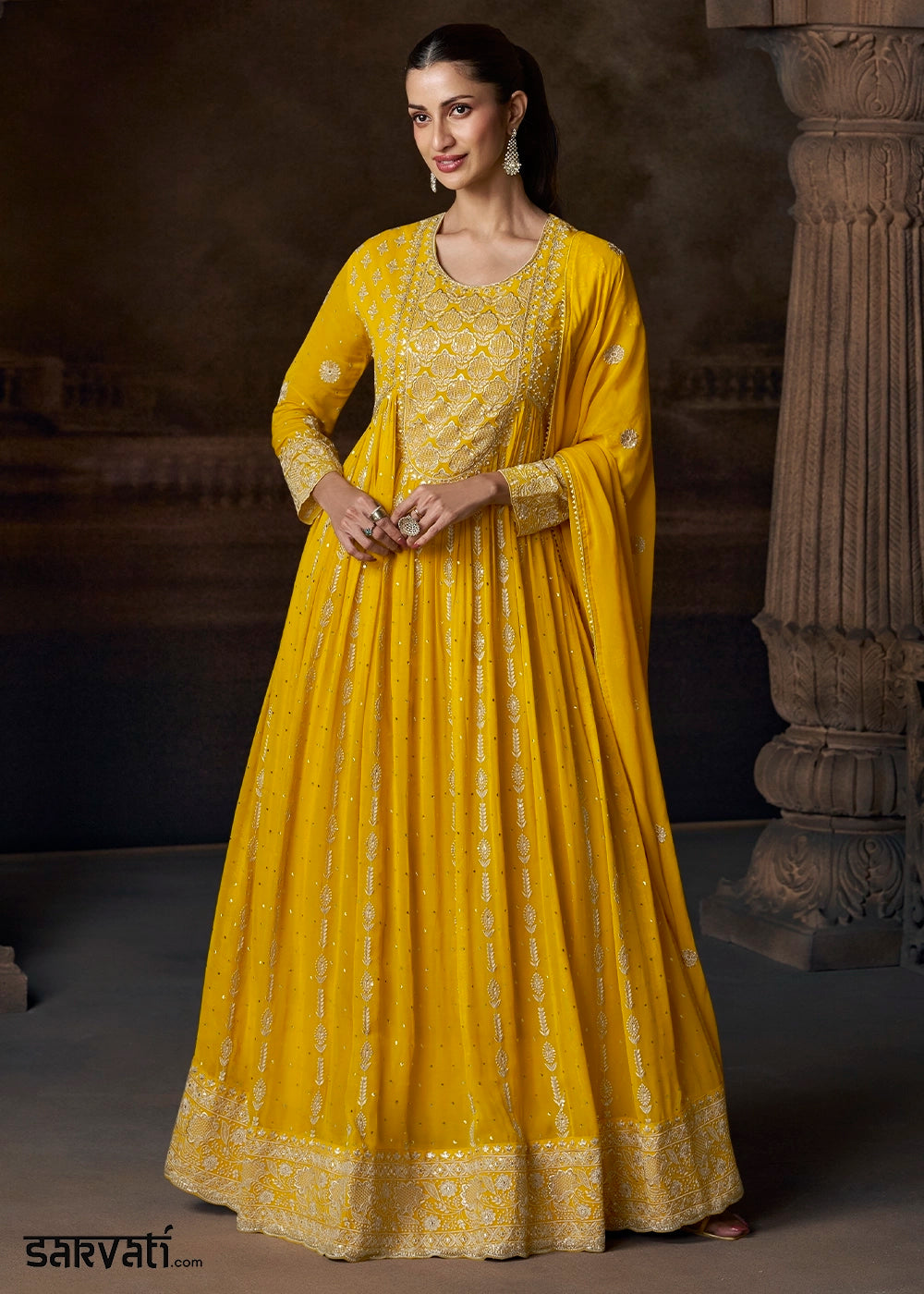 Sarvati Aureolin Yellow Georgette Anarkali Gown | USA House of Sarvatii LLC Sarvati Aureolin Yellow Georgette Anarkali Gown | USA House of Sarvatii LLC