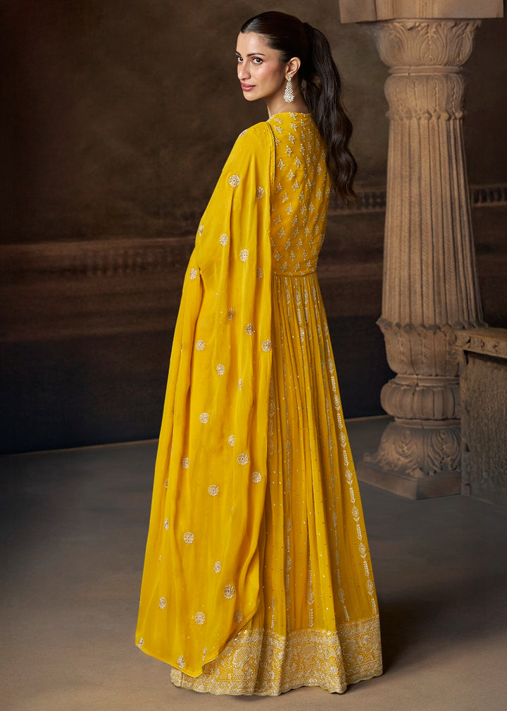 Aureolin Yellow Georgette Anarkali Gown with Front and Back Embroidery
