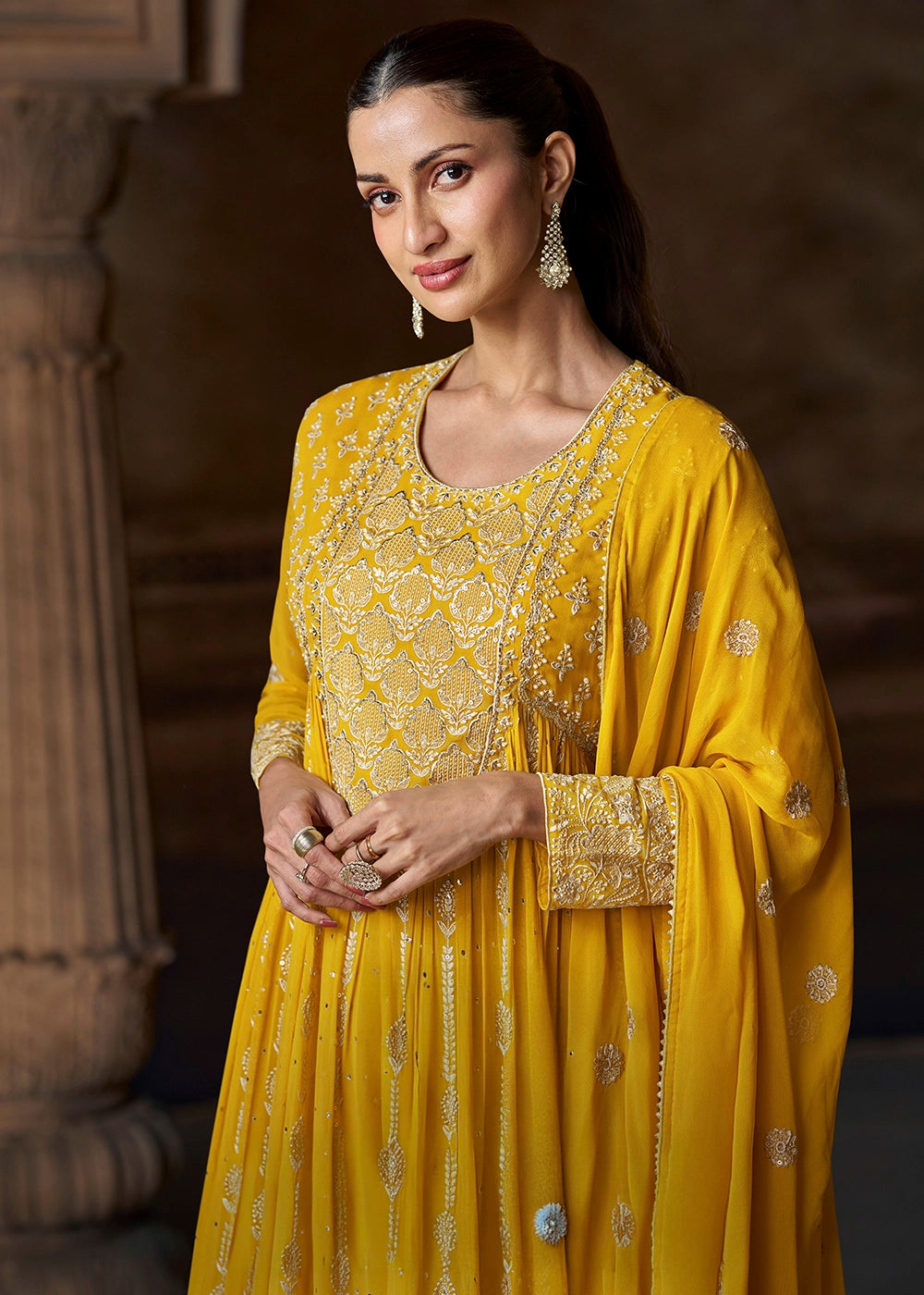 Aureolin Yellow Georgette Anarkali Gown with Front and Back Embroidery