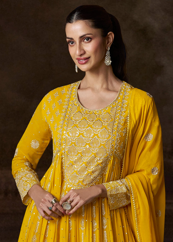 Aureolin Yellow Georgette Anarkali Gown with Front and Back Embroidery