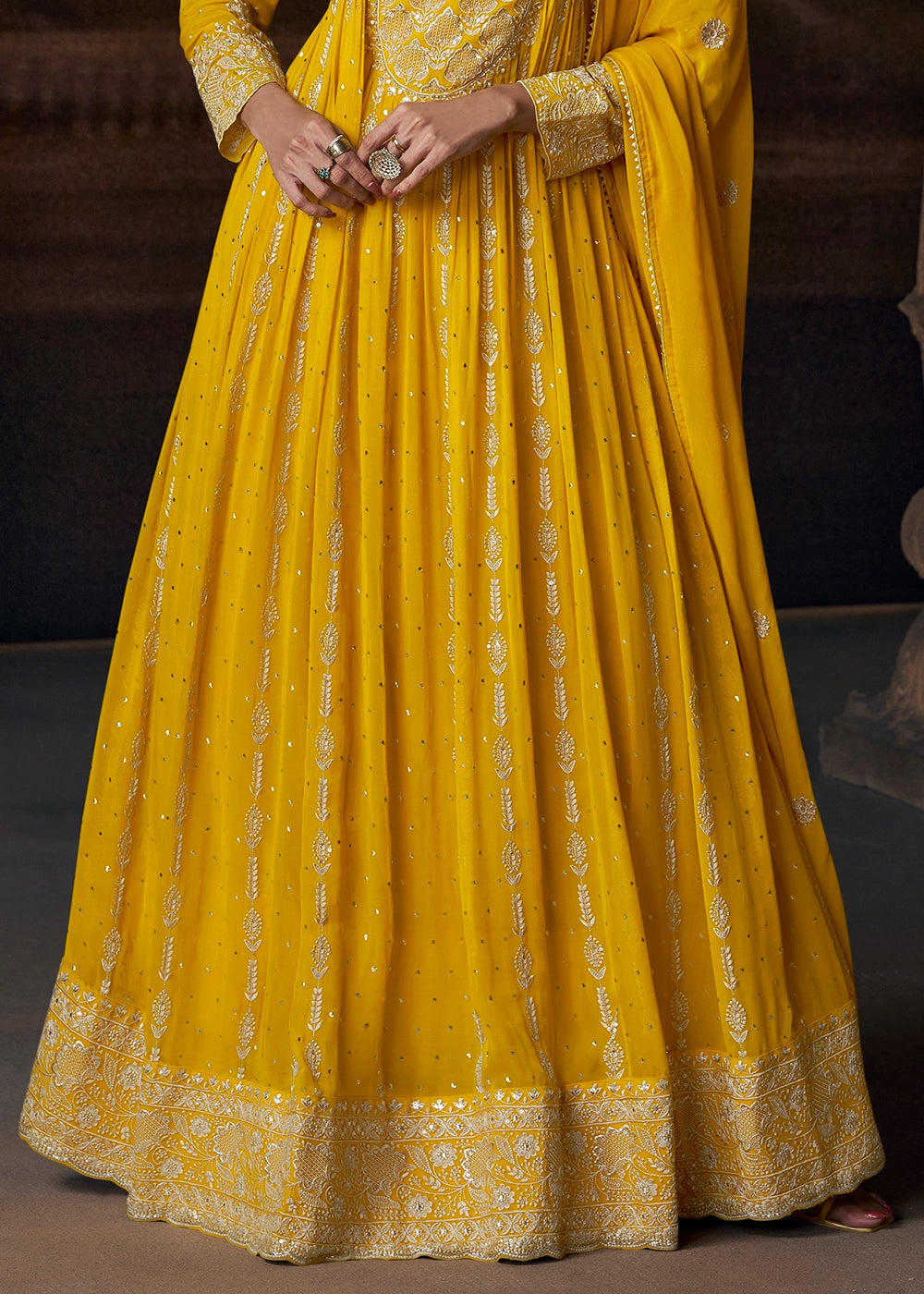 Aureolin Yellow Georgette Anarkali Gown with Front and Back Embroidery