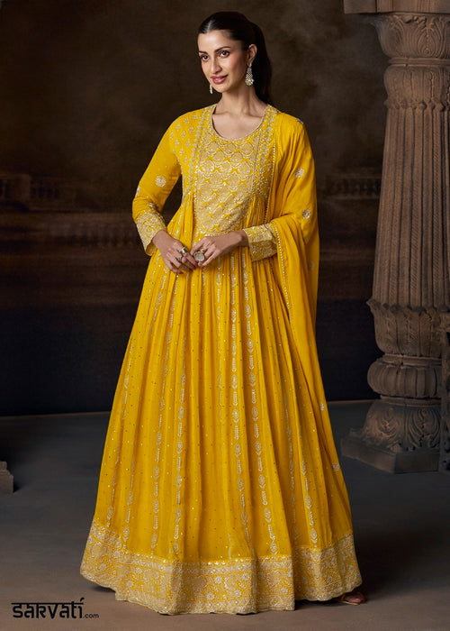 Aureolin Yellow Georgette Anarkali Gown with Front and Back Embroidery