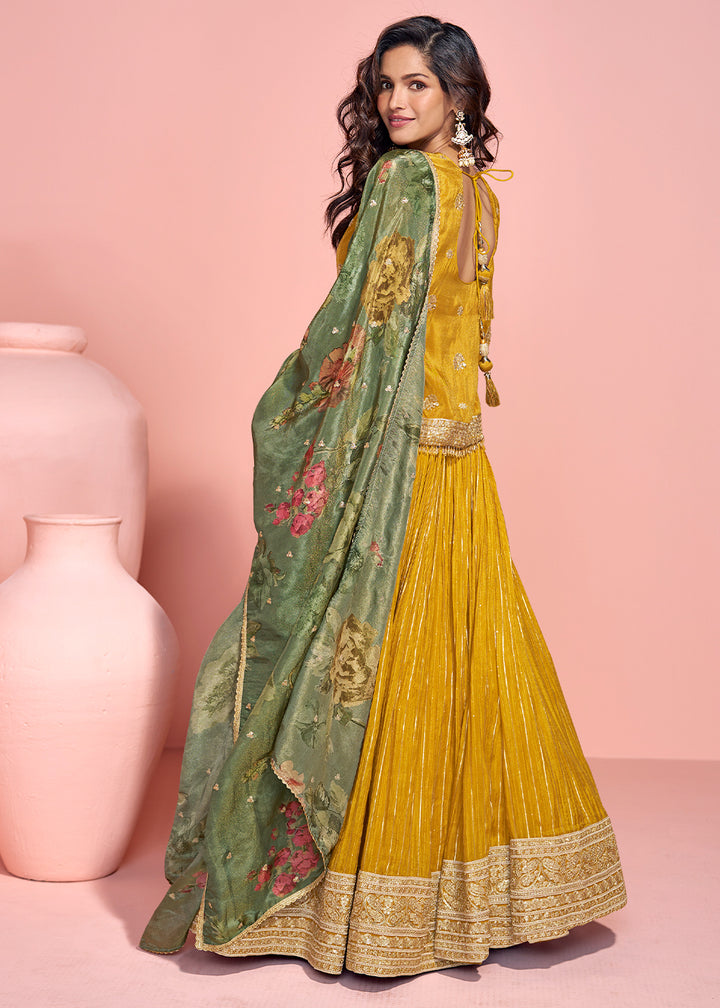 Mustard Yellow Viscose Jacquard Silk Top & Skirt with Exquisite Detailing