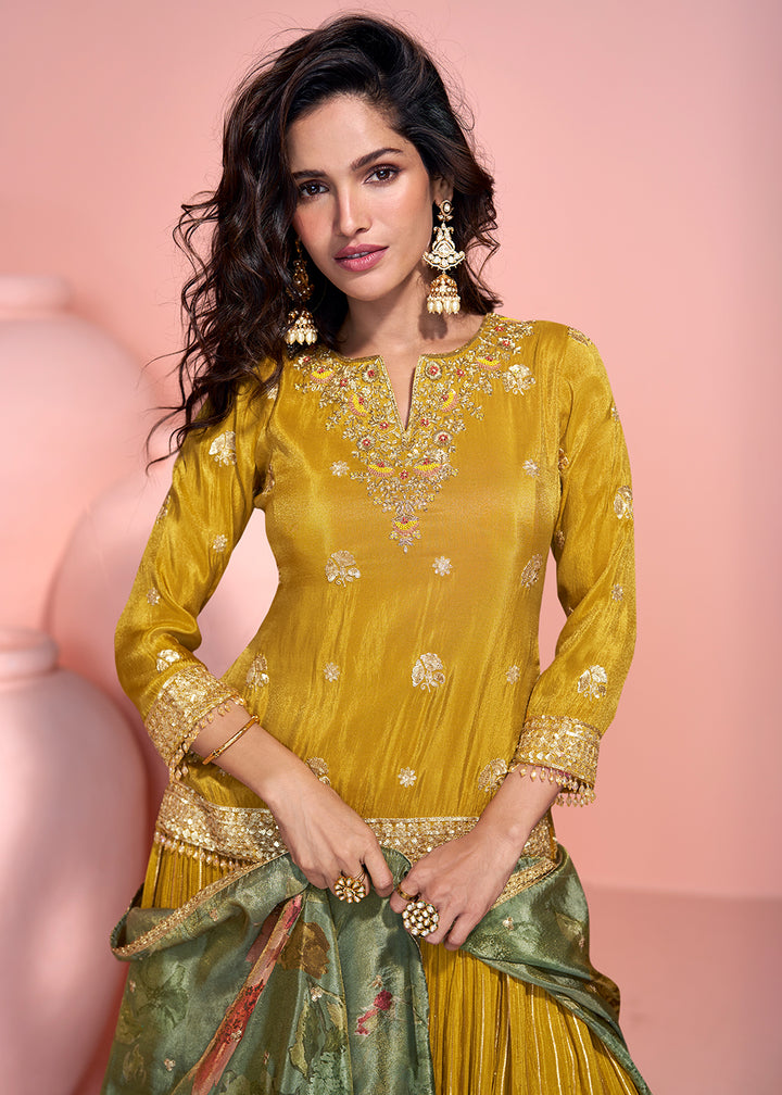 Mustard Yellow Viscose Jacquard Silk Top & Skirt with Exquisite Detailing