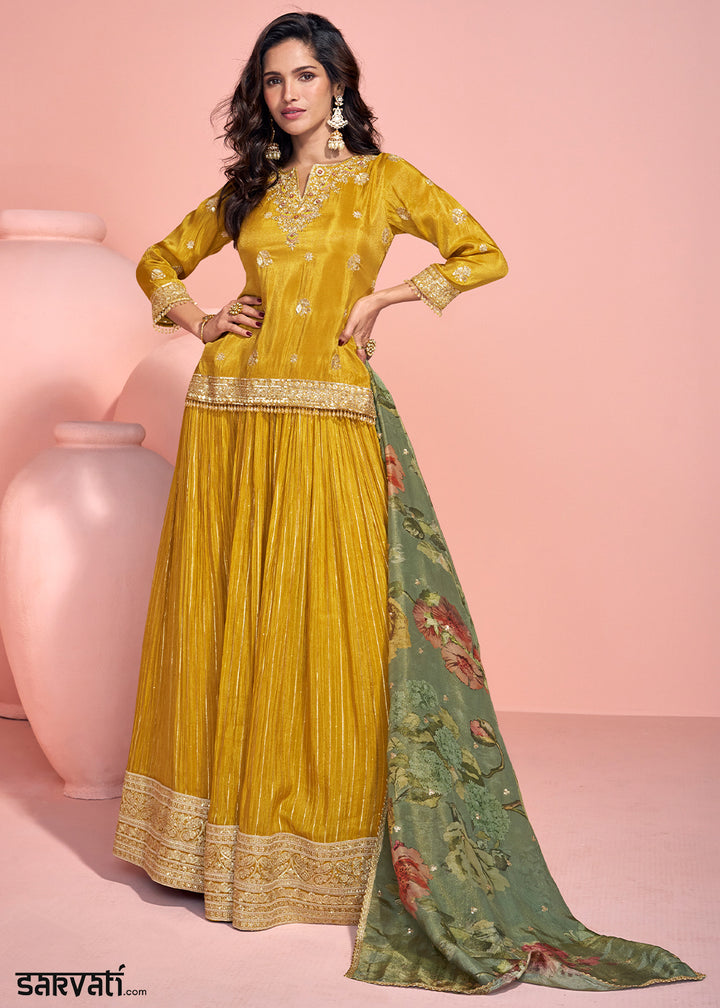 Mustard Yellow Viscose Jacquard Silk Top & Skirt with Exquisite Detailing