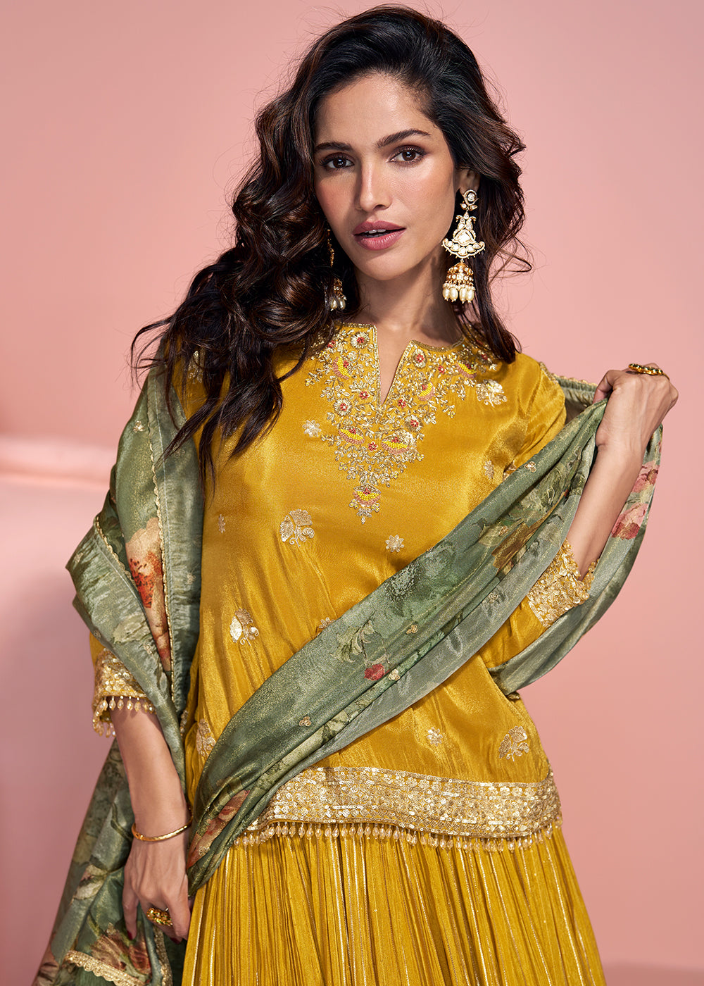 Mustard Yellow Viscose Jacquard Silk Top & Skirt with Exquisite Detailing