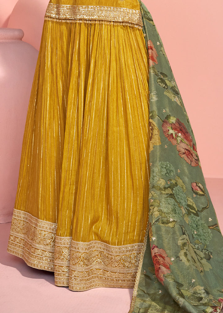 Mustard Yellow Viscose Jacquard Silk Top & Skirt with Exquisite Detailing