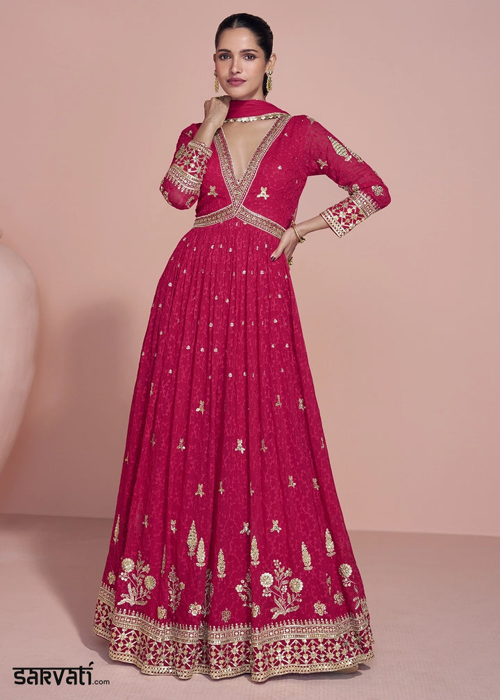 Ruby Pink Georgette Anarkali Gown with Stylish Front and Back Embroidery