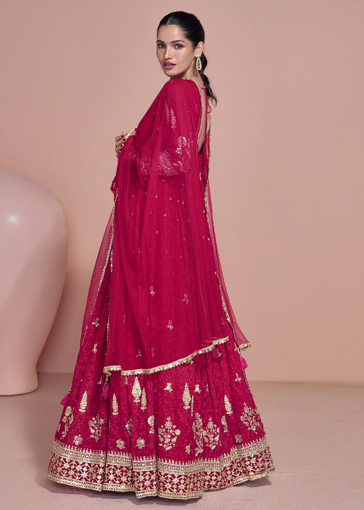 Ruby Pink Georgette Anarkali Gown with Stylish Front and Back Embroidery