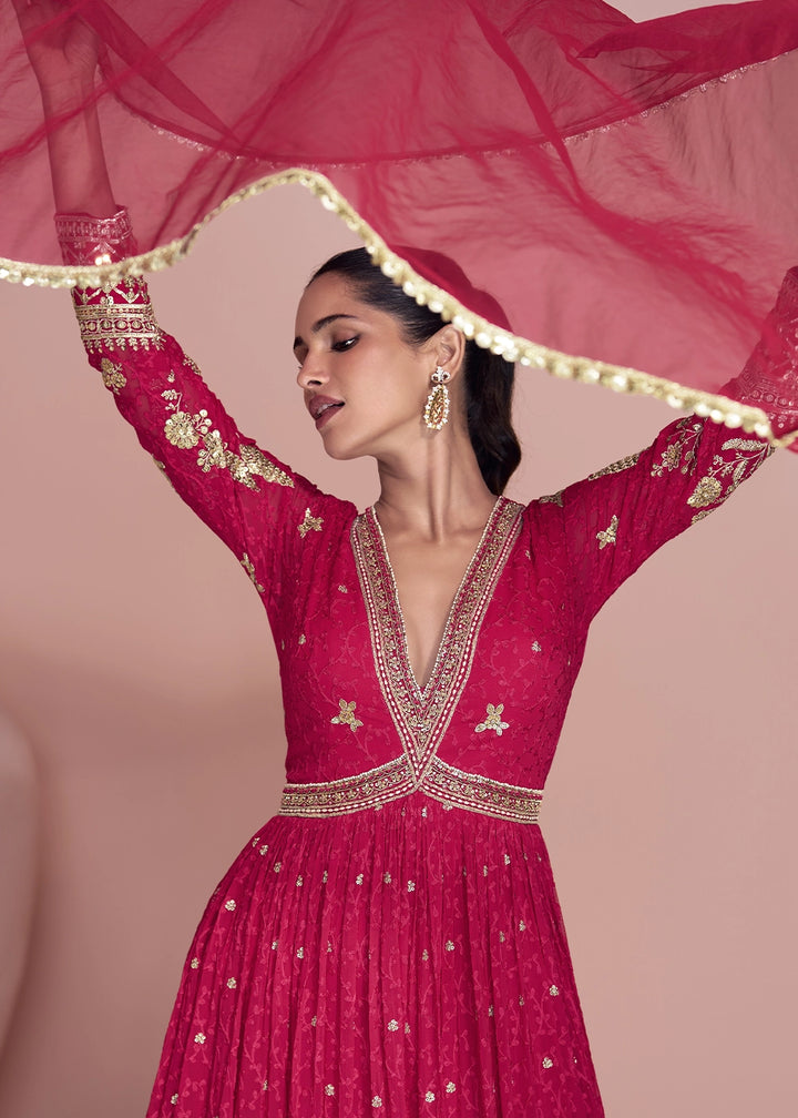 Ruby Pink Georgette Anarkali Gown with Stylish Front and Back Embroidery