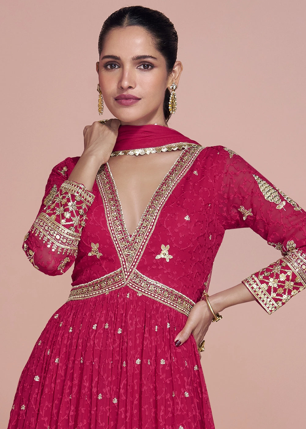 Ruby Pink Georgette Anarkali Gown with Stylish Front and Back Embroidery