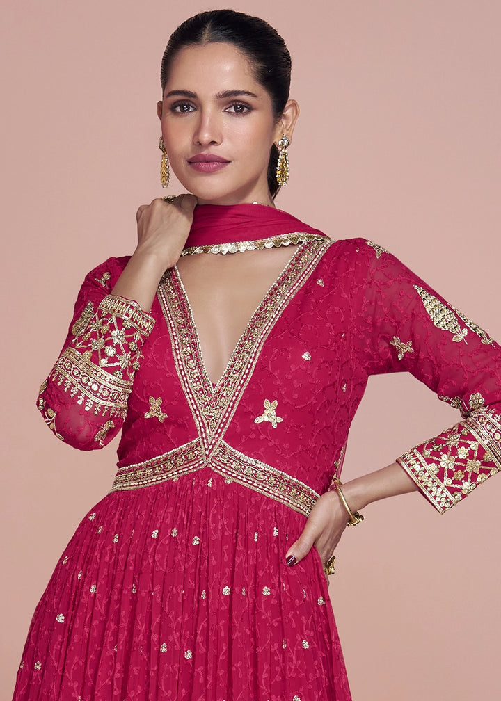 Ruby Pink Georgette Anarkali Gown with Stylish Front and Back Embroidery