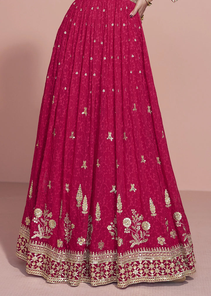 Ruby Pink Georgette Anarkali Gown with Stylish Front and Back Embroidery