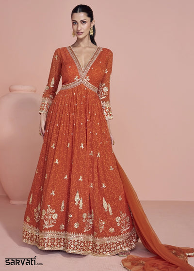 Tango Orange Georgette Anarkali Gown with Stylish Front and Back Embroidery
