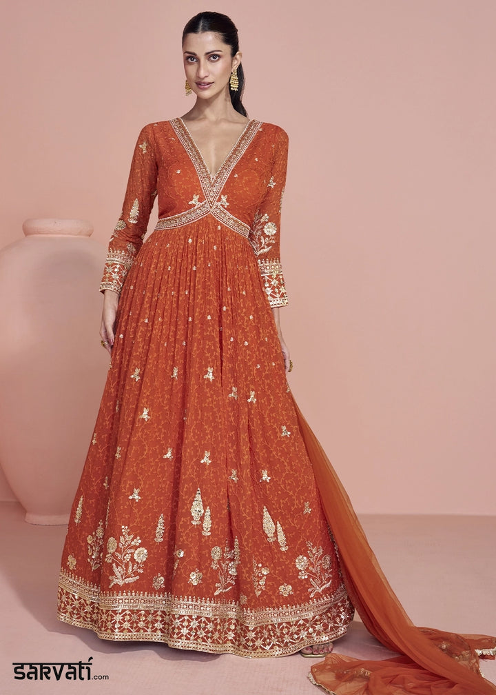 Tango Orange Georgette Anarkali Gown with Stylish Front and Back Embroidery