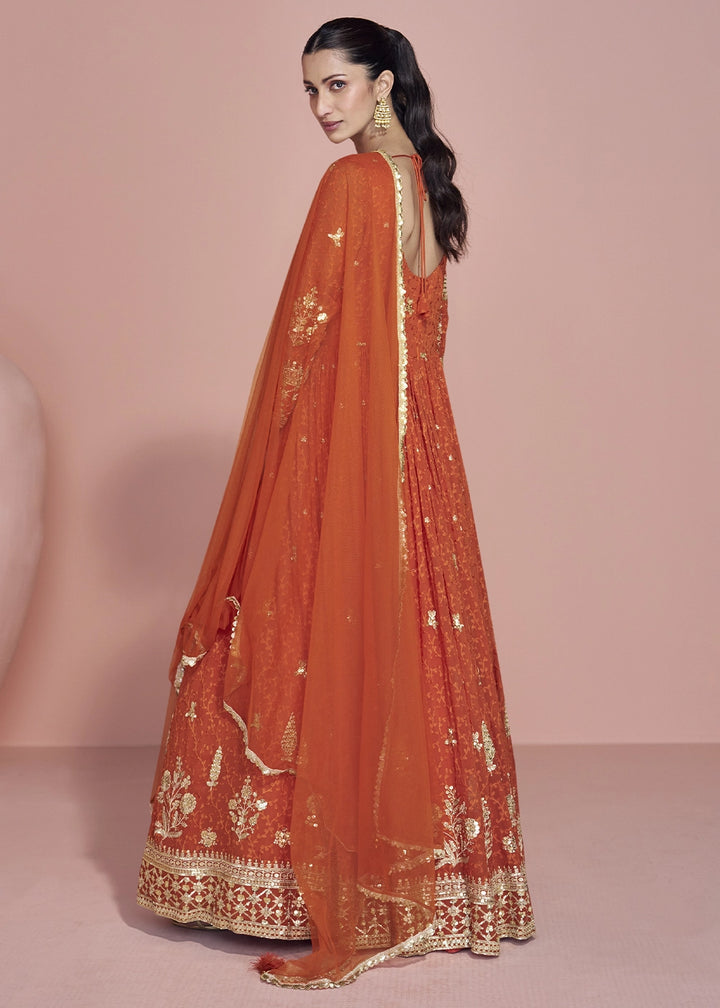 Tango Orange Georgette Anarkali Gown with Stylish Front and Back Embroidery