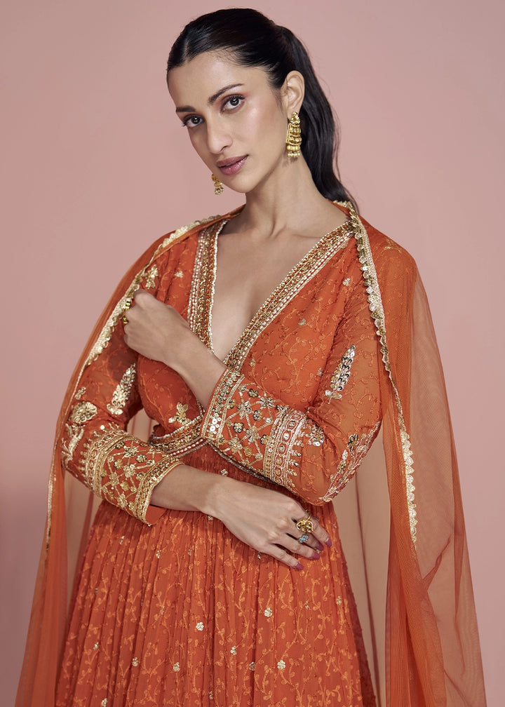 Tango Orange Georgette Anarkali Gown with Stylish Front and Back Embroidery