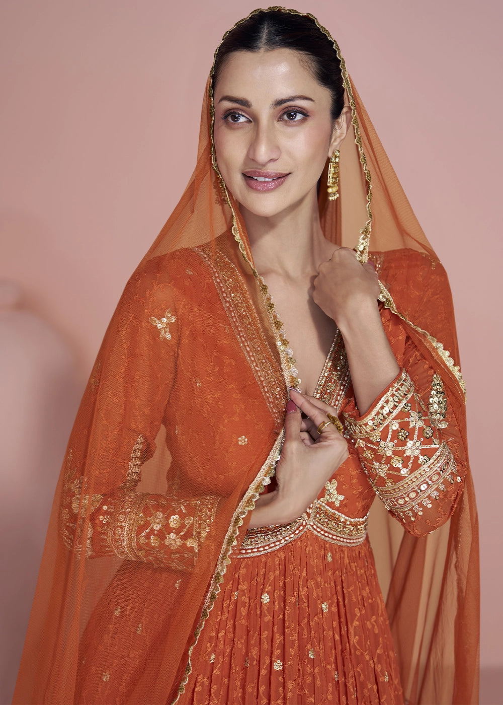 Tango Orange Georgette Anarkali Gown with Stylish Front and Back Embroidery