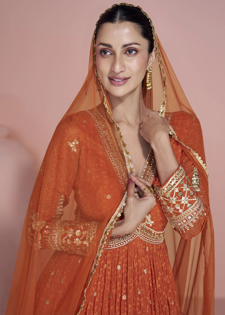 Tango Orange Georgette Anarkali Gown with Stylish Front and Back Embroidery
