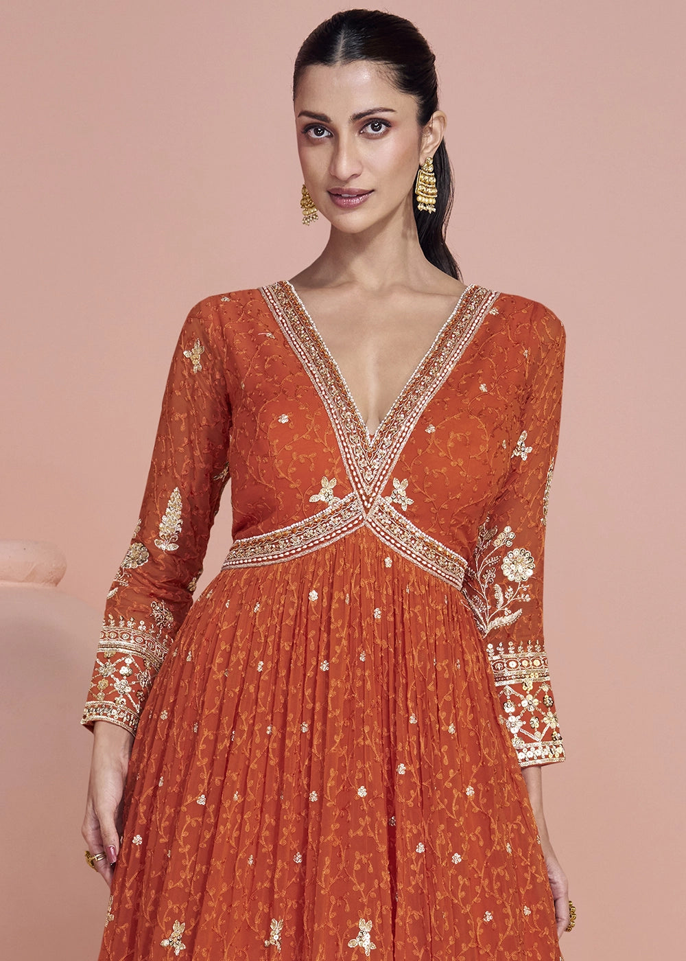 Tango Orange Georgette Anarkali Gown with Stylish Front and Back Embroidery