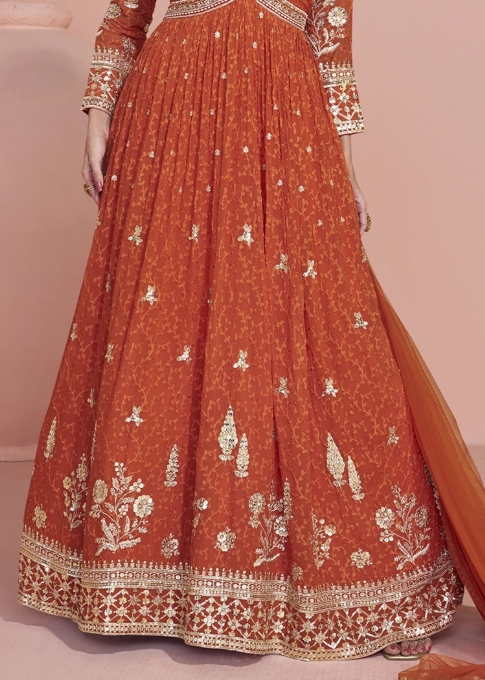Tango Orange Georgette Anarkali Gown with Stylish Front and Back Embroidery