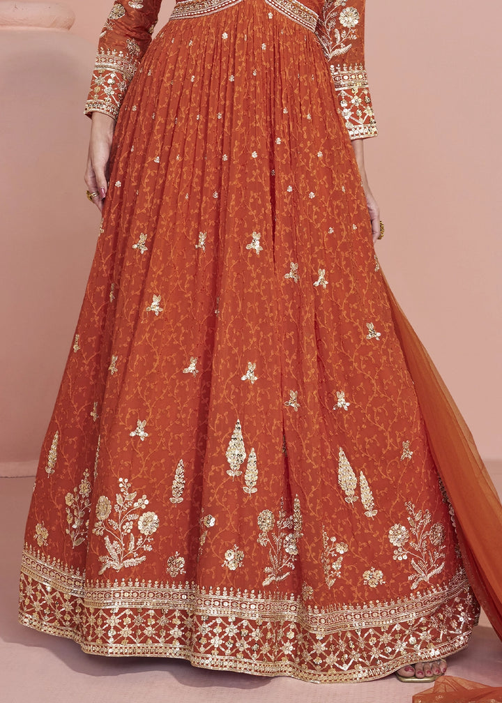 Tango Orange Georgette Anarkali Gown with Stylish Front and Back Embroidery