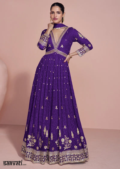 Indigo Purple Georgette Anarkali Gown with Stylish Front and Back Embroidery