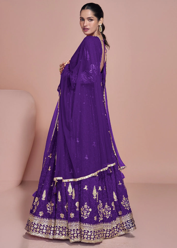Indigo Purple Georgette Anarkali Gown with Stylish Front and Back Embroidery