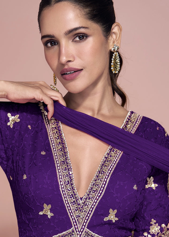 Indigo Purple Georgette Anarkali Gown with Stylish Front and Back Embroidery