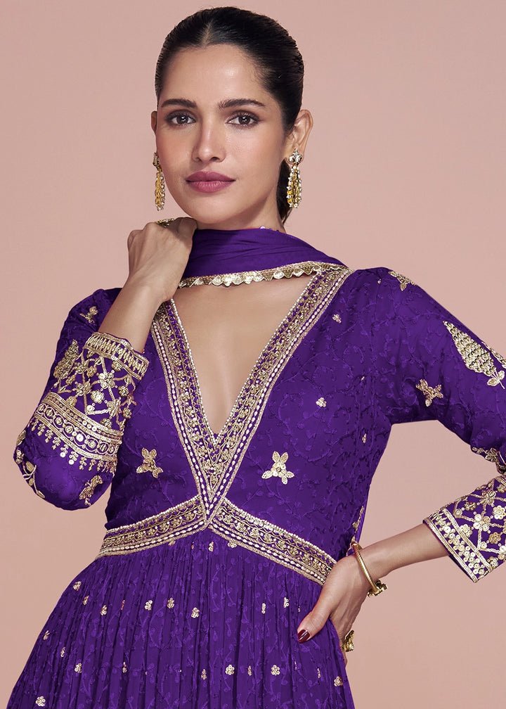 Indigo Purple Georgette Anarkali Gown with Stylish Front and Back Embroidery