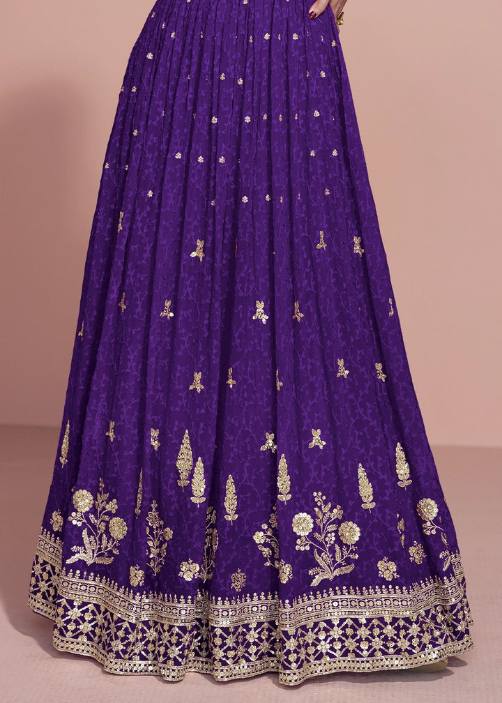 Indigo Purple Georgette Anarkali Gown with Stylish Front and Back Embroidery