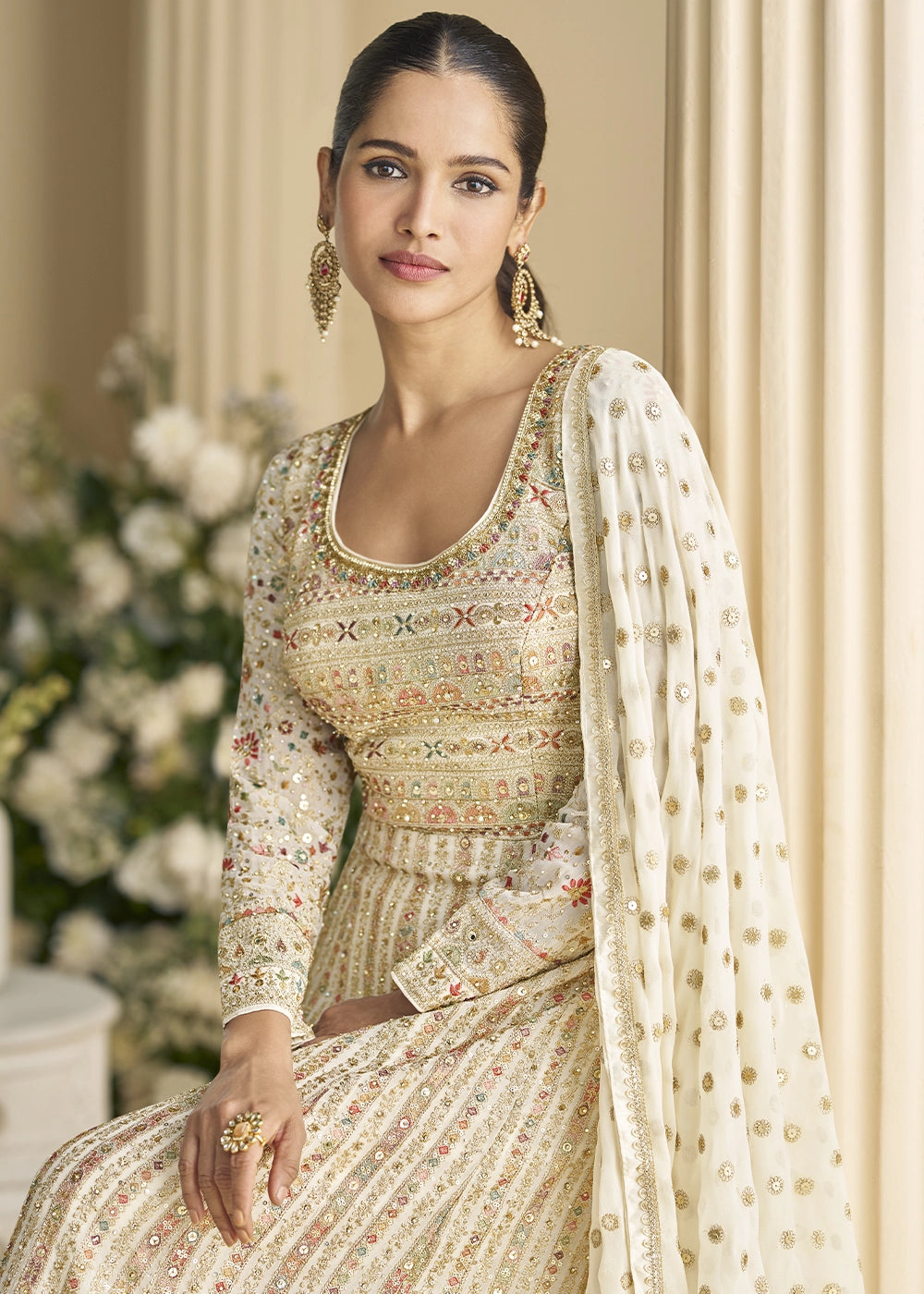 Cream White Georgette Anarkali Gown with Swarovski and Zarkan Work