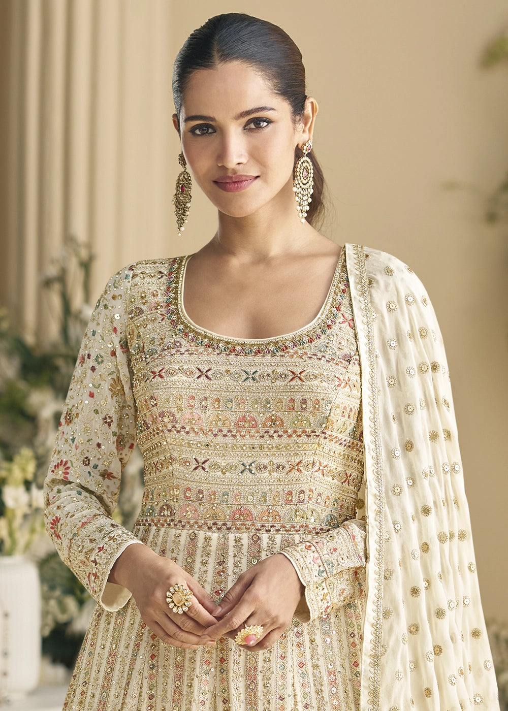 Cream White Georgette Anarkali Gown with Swarovski and Zarkan Work