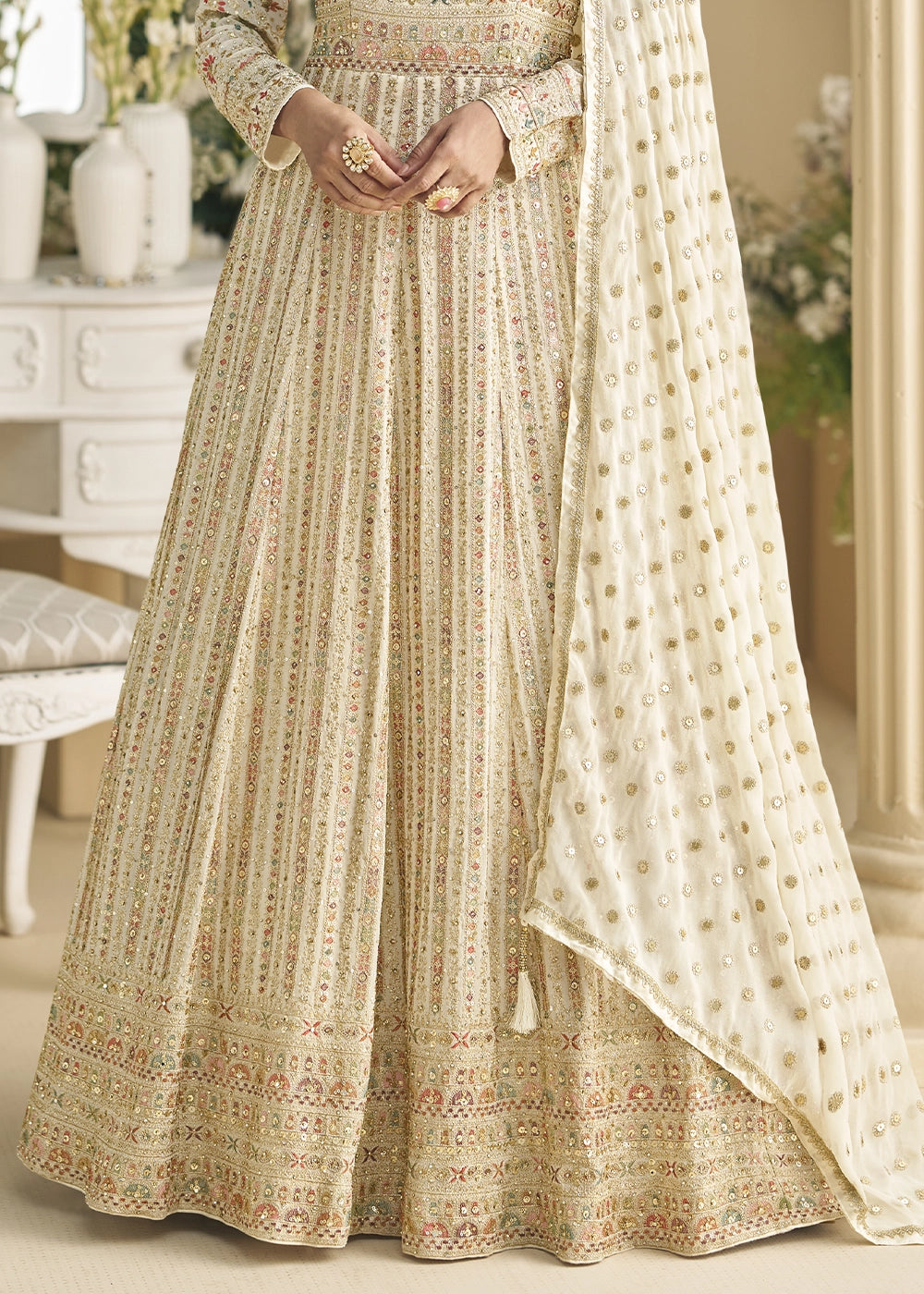 Cream White Georgette Anarkali Gown with Swarovski and Zarkan Work