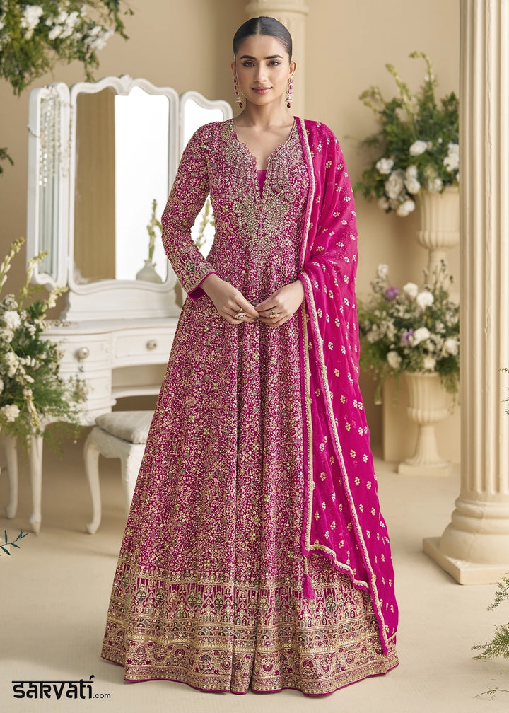 Hot Pink Georgette Anarkali Gown with Swarovski and Zarkan Work