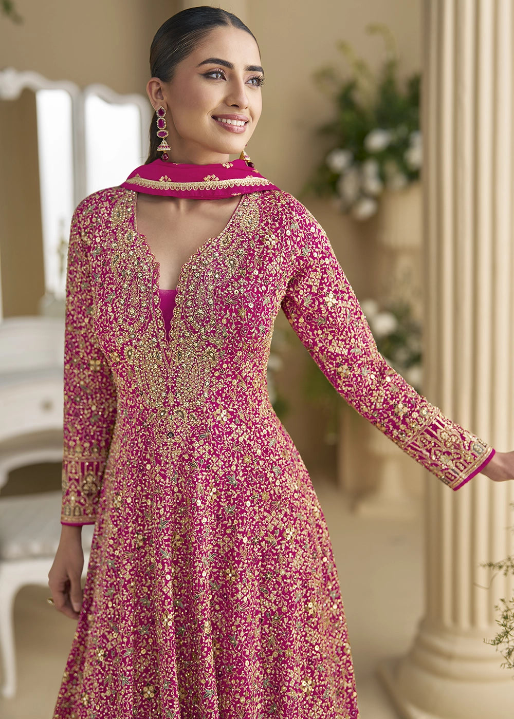 Hot Pink Georgette Anarkali Gown with Swarovski and Zarkan Work