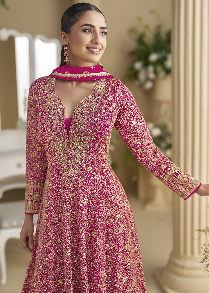 Hot Pink Georgette Anarkali Gown with Swarovski and Zarkan Work