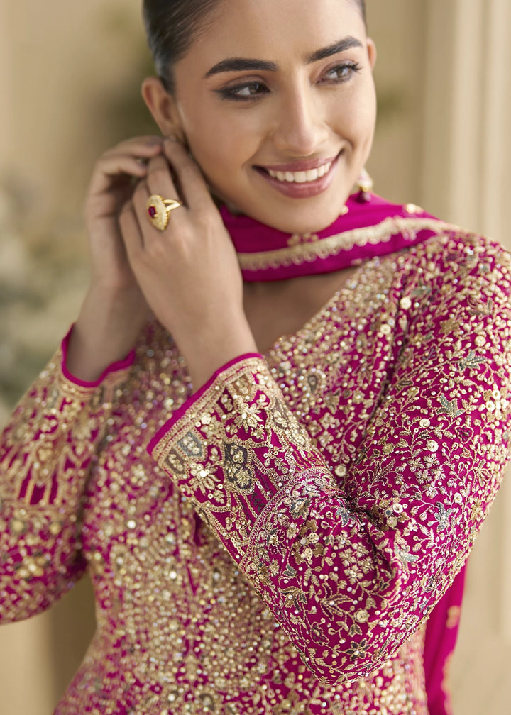 Hot Pink Georgette Anarkali Gown with Swarovski and Zarkan Work