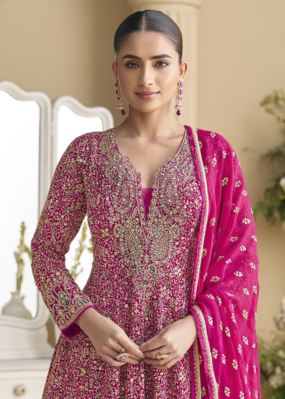 Hot Pink Georgette Anarkali Gown with Swarovski and Zarkan Work