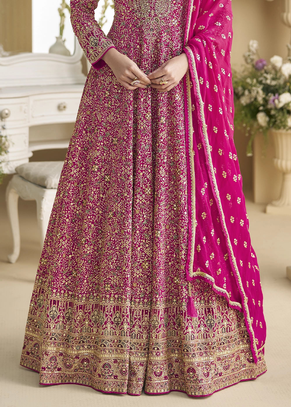Hot Pink Georgette Anarkali Gown with Swarovski and Zarkan Work