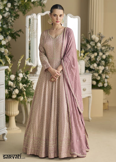 Light Lilac Georgette Anarkali Gown with Swarovski and Zarkan Work