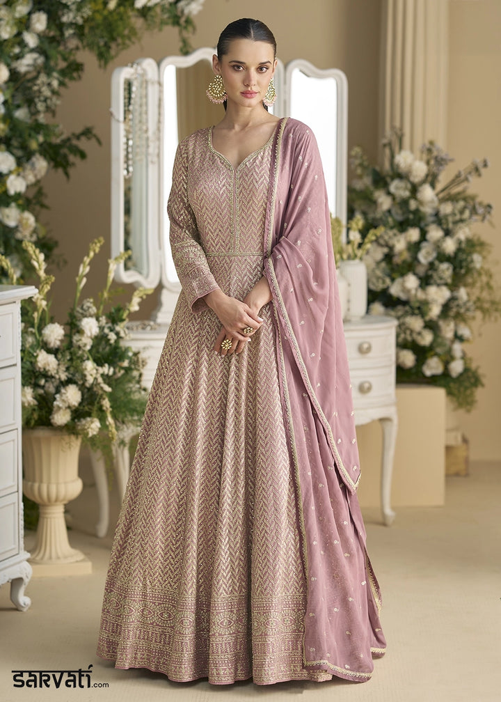 Light Lilac Georgette Anarkali Gown with Swarovski and Zarkan Work