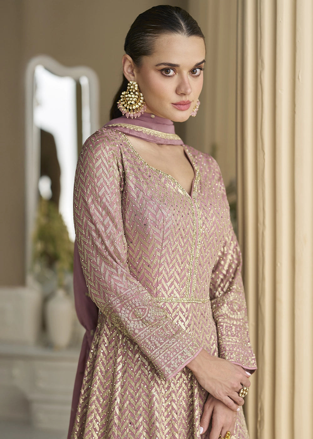 Light Lilac Georgette Anarkali Gown with Swarovski and Zarkan Work