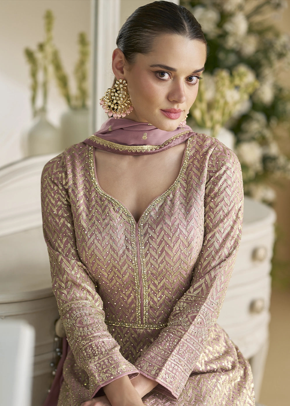 Light Lilac Georgette Anarkali Gown with Swarovski and Zarkan Work