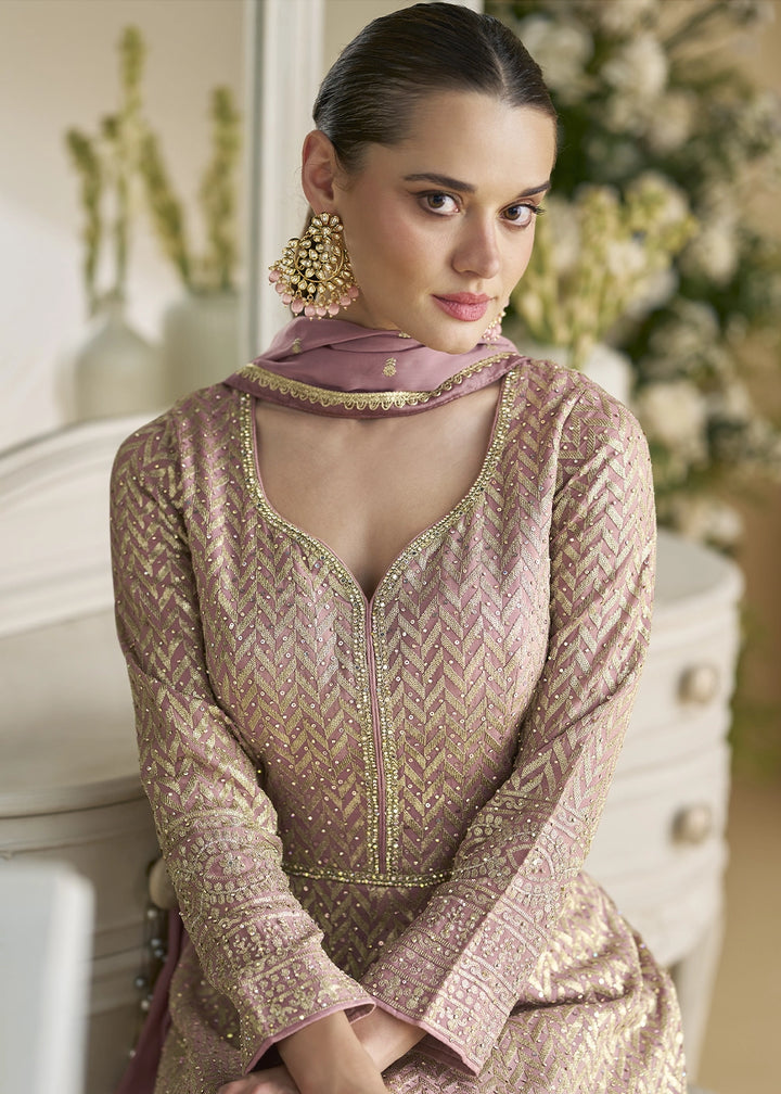 Light Lilac Georgette Anarkali Gown with Swarovski and Zarkan Work