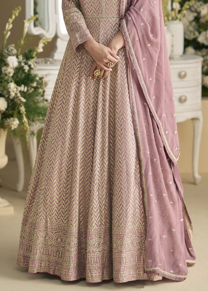 Light Lilac Georgette Anarkali Gown with Swarovski and Zarkan Work
