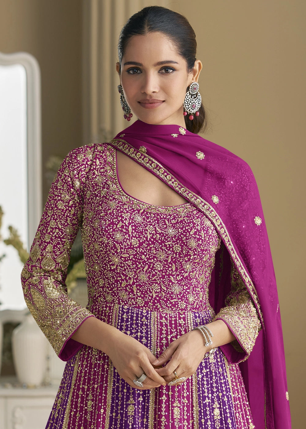 Shades of Pink Georgette Swarovski Embellished Anarkali Gown