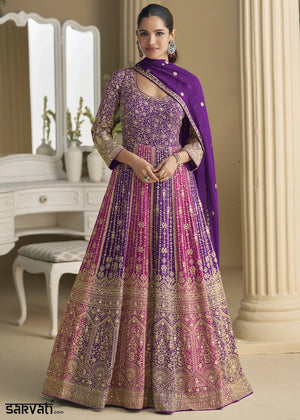 Shades of Purple Georgette Swarovski Embellished Anarkali Gown