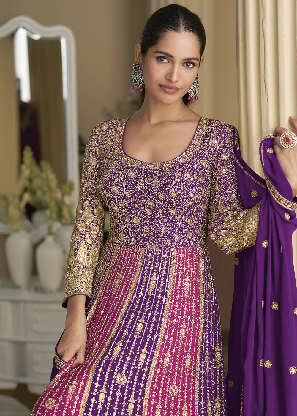 Shades of Purple Georgette Swarovski Embellished Anarkali Gown