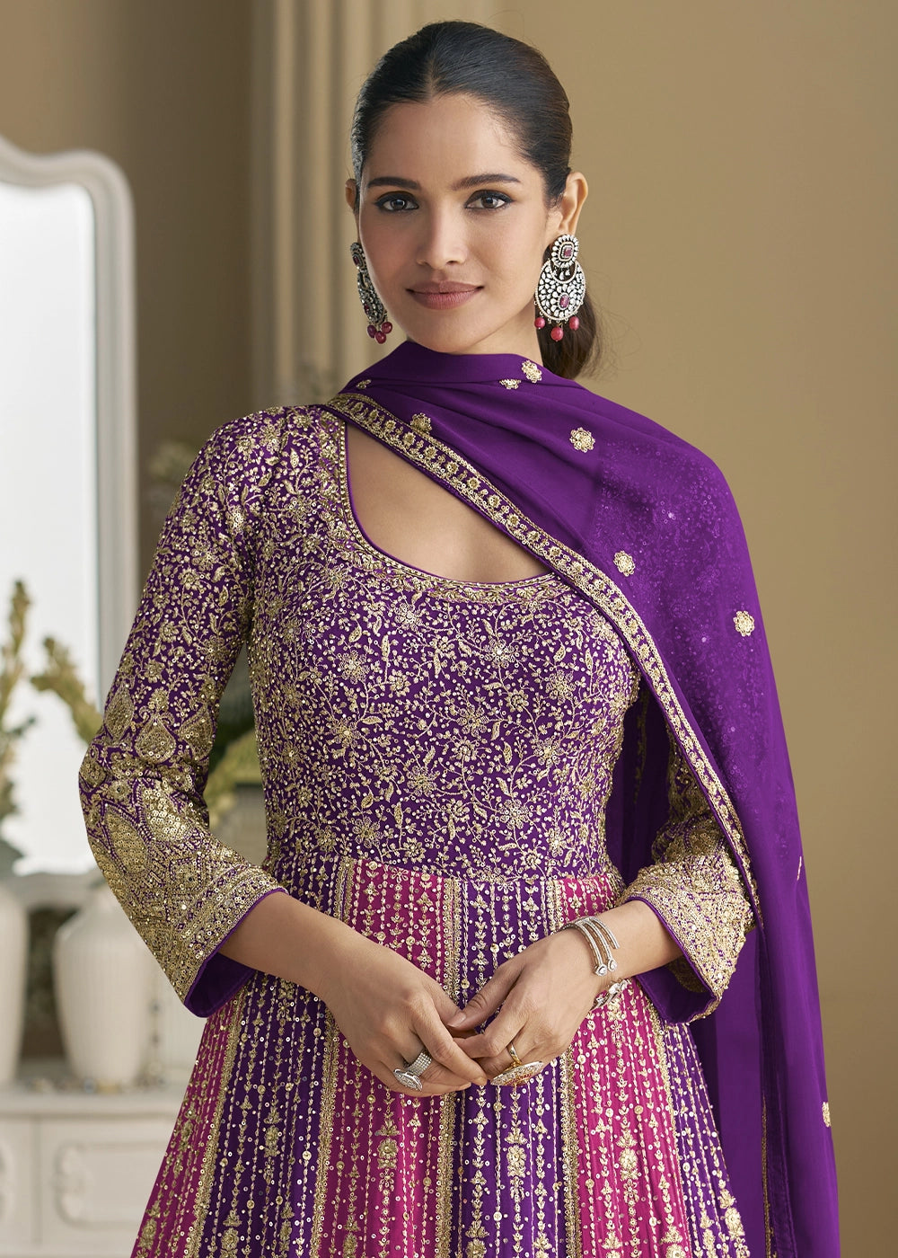Shades of Purple Georgette Swarovski Embellished Anarkali Gown